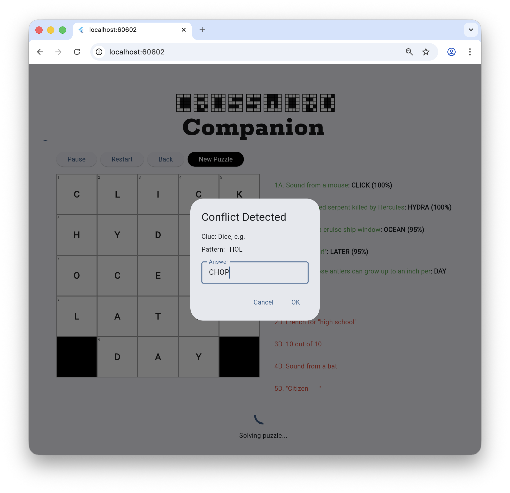Crossword Companion app displaying a Conflict Detected dialog asking for
user input to resolve a clue pattern
