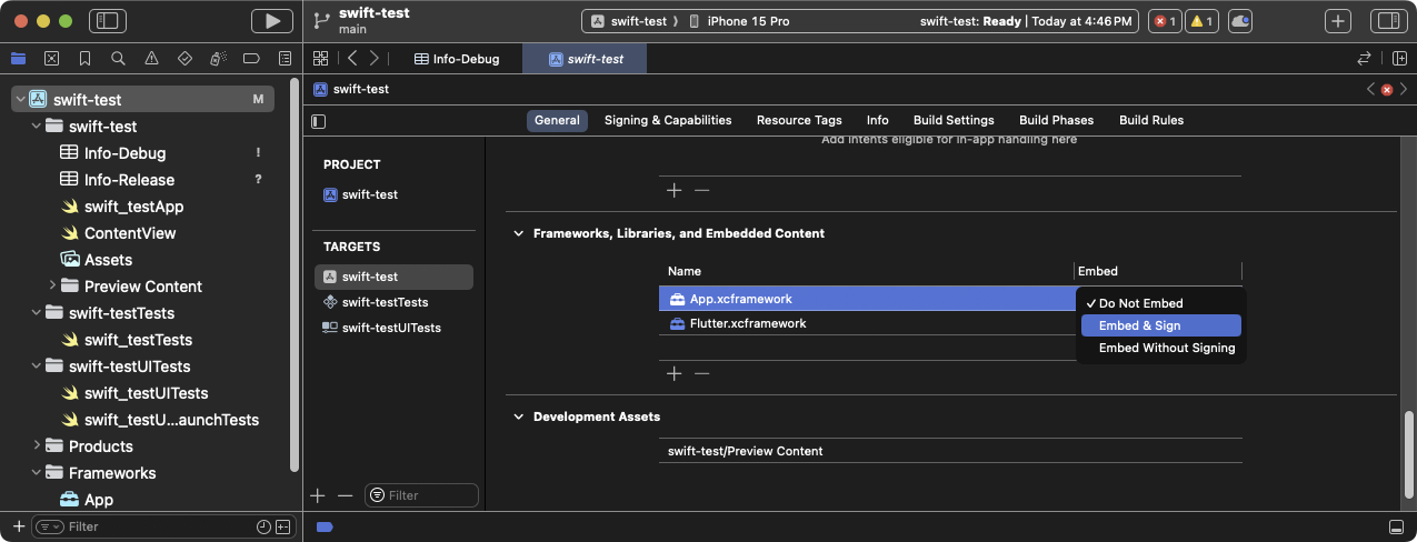 Select **Embed & Sign** for each of your frameworks in Xcode