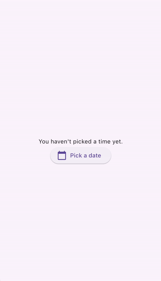 A GIF of a pointer clicking a button that says 'Pick a time', then shows a time picker. The time picker shows a circular clock as the cursor moves the hour hand, then minute hand, selects PM, then the 'OK' button is clicked.