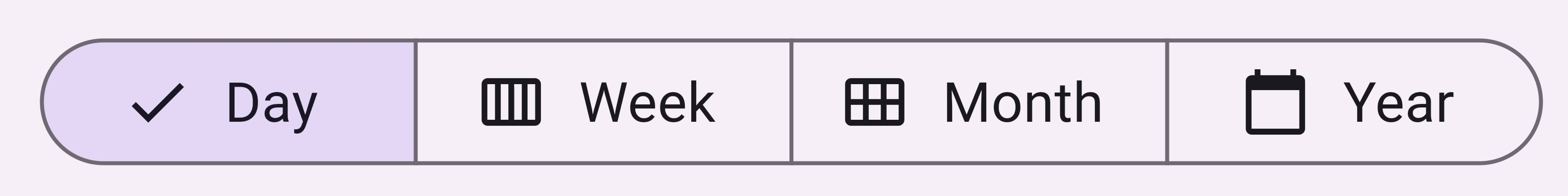 A GIF of a SegmentedButton with 4 segments: Day, Week, Month, and Year. Each has a calendar icon to represent its value and a text label. Day is first selected, then week and month, then year.